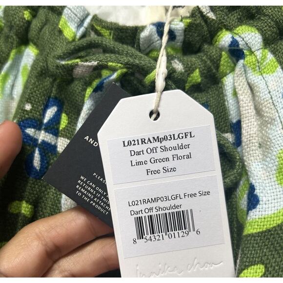 Innika Choo Dress 100% Linen Floral Dart Off Shoulder Mini Dress Boho Chic Green - Picture 8 of 13